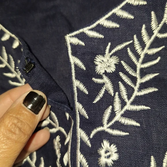 SUSAN BRISTOL Embroidered Neck Tunic Top Women's 1X Blue 100% Linen Minimalist - Picture 4 of 9